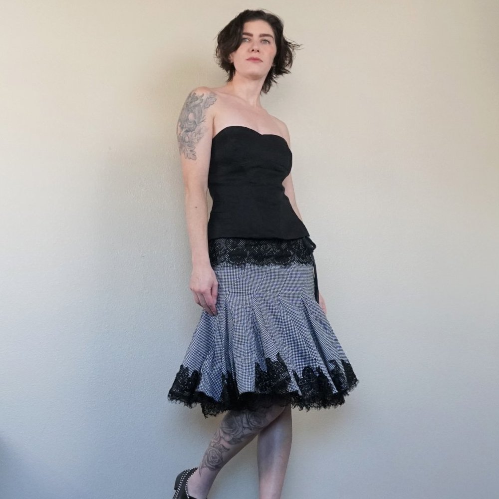 Bebe Black & White Checkered Skirt with Lace Trim